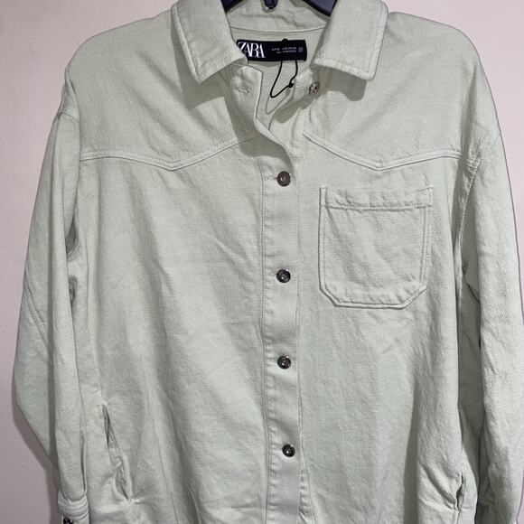 Zara Women's Light Green Denim Button Front Raw Hem Shirt Jacket Pockets Sz XS - Picture 2 of 8